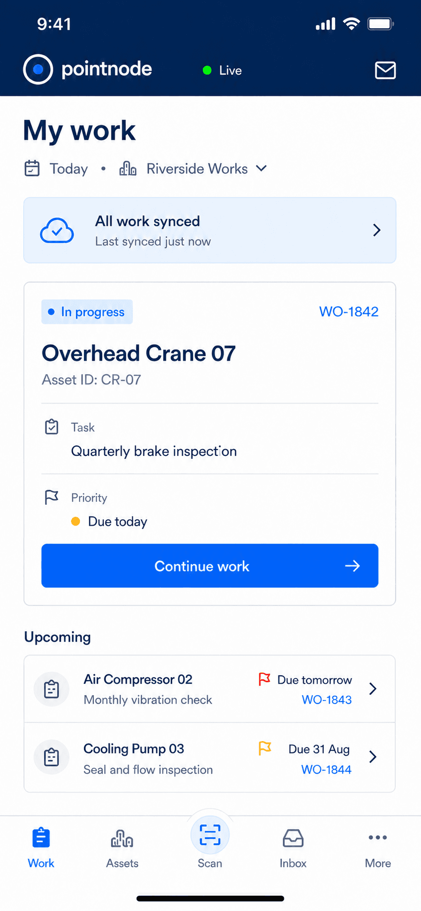 Pointnode iOS engineer work view with current and upcoming maintenance work.